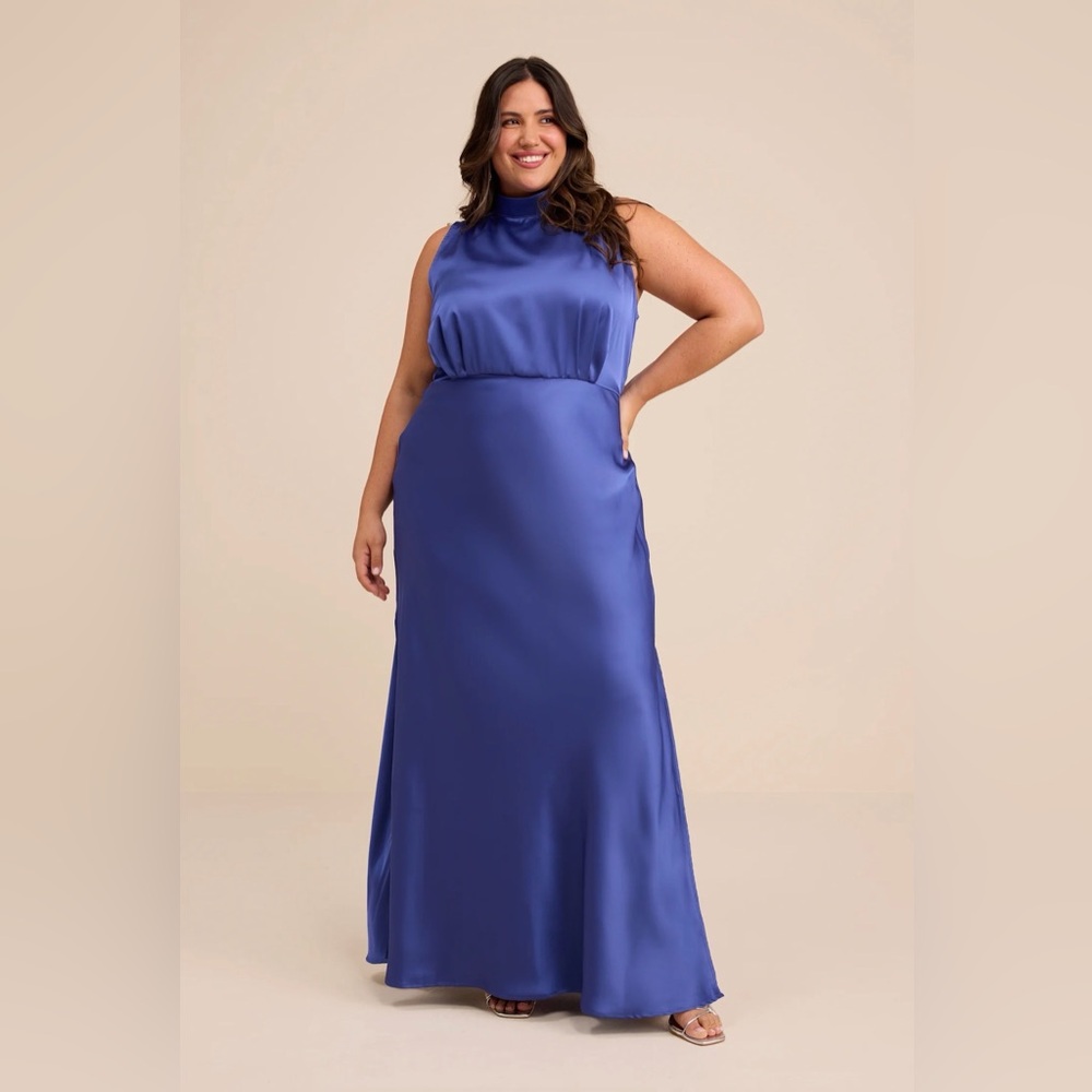 Classic Elegance Blue Satin Sleeveless Mock Neck Maxi Dress